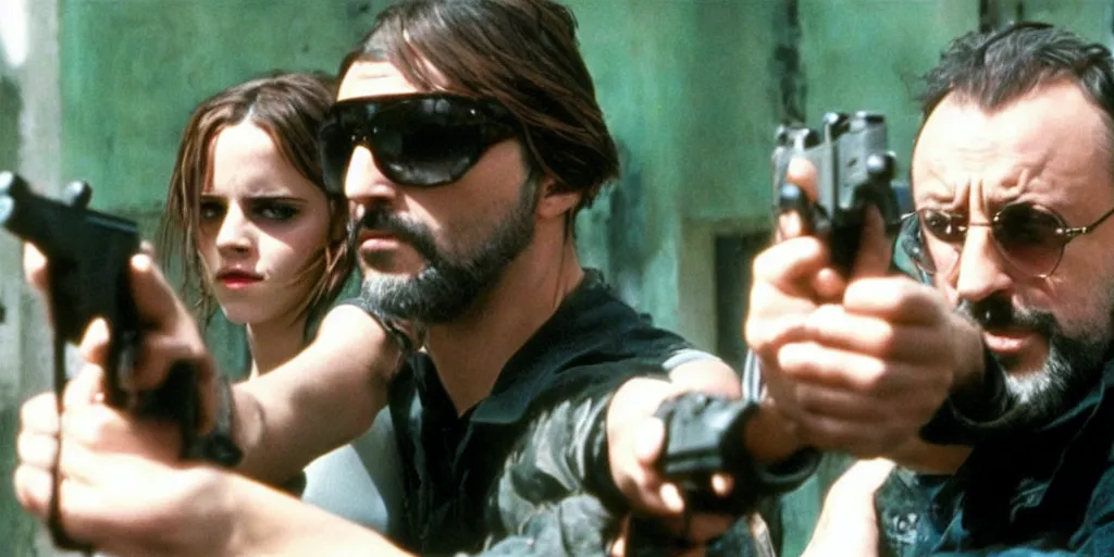 Prompt: Emma Watson and Jean Reno in Leon The Professional holding guns