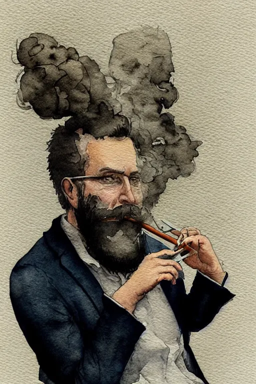 Prompt: portrait of a middle - aged writer with a beard, he is smoking a cigarette, watercolor style of greg rutkowski