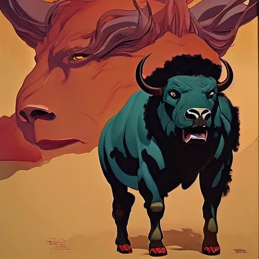 Image similar to Joshua Middleton comic art, A large black bison with fiery eyes, Bison God, Ancient, a scene from the TV show, American Gods