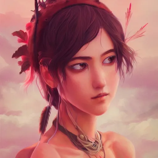 Image similar to a beautiful scenic painting of a beautiful young woman that looks like princess mononoke by artgerm and wlop and wes anderson and spike jonze