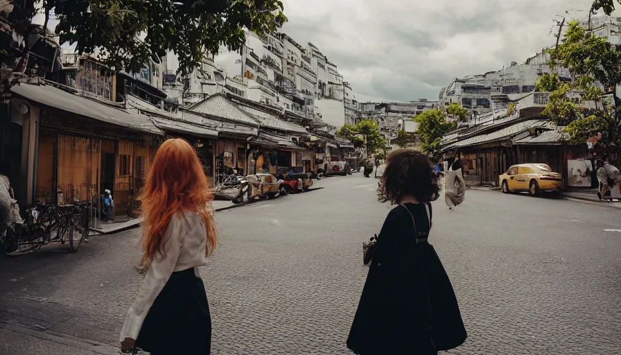 Image similar to a 3 5 mm photo by petra collins of a beautiful day in a city that looks like toyko, paris, kyoto and jiufen, cinematic lighting, cinematic look, golden hour, the clouds are epic and colorful with cinematic rays of light, a girl walks down the center of the street in a gucci dress, uhd