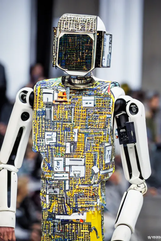 Image similar to men's streetwear worn by a robot on the fashion runway, made of circuits and mylar, high details, full frame shot