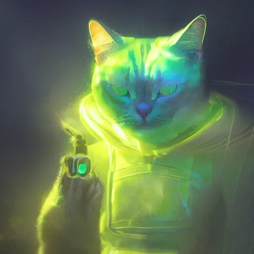 Image similar to moody atmospheric render of a cyborg cat with a chartreuse and teal color scheme by leon tukker