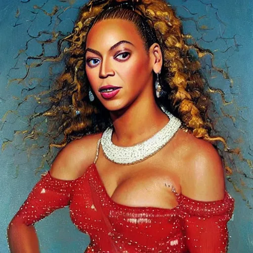 Prompt: Beyonce at a birthday party, head and shoulders portrait, extremely detailed masterpiece, Roger Deakin’s cinematography, oil on canvas, Norman Rockwell.