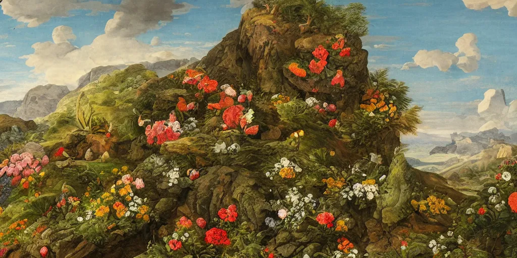 Image similar to mountain landscape with many flowers, by mahmoud sai and maria sibylla merian, intricate, sharp focus, detailed, lively colors, sky, water