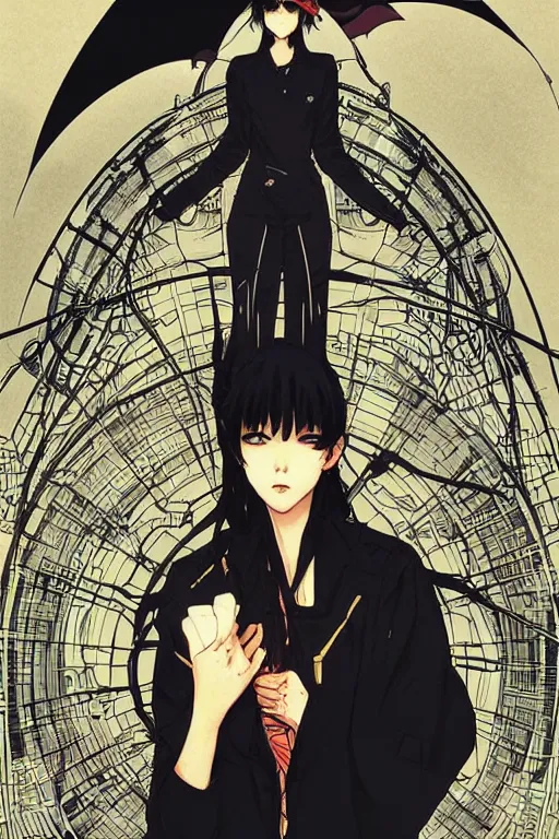 Prompt: professionally drawn shoujo mature cyberpunk detective horror romance manga comic cover full color, beautifully drawn coherent professional, drawn by ilya kuvshinov, dave mckean, alphonse mucha and tsutomu nihei. japanese script kanji hiragana on the cover. simplistic minimalist stylized cover art.