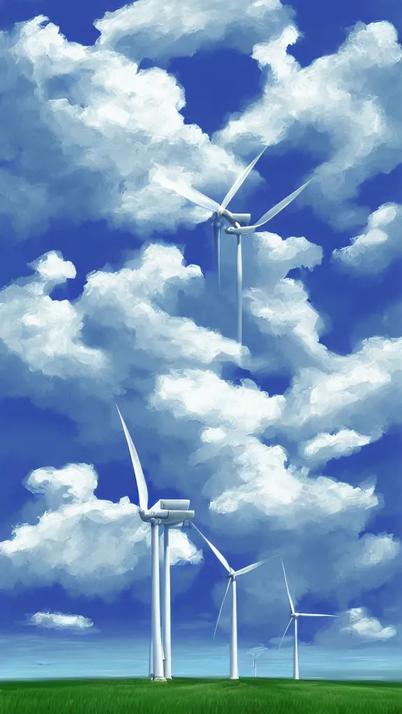 Image similar to Clouds made into a wind turbine, blue sky, sunshine,volumetric lightin, highly detailed, digital painting