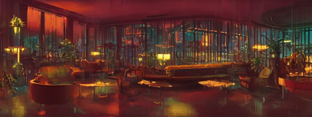 Image similar to concept art, retro - futurist speakeasy, reflections, night lighting, designer furniture, high ceiling, 6 0 s colour palette, plants, flowers, floor lamps, multi - level, soft lighting, city view, bladerunner, james jean, syd mead, akihiko yoshida, cinematic