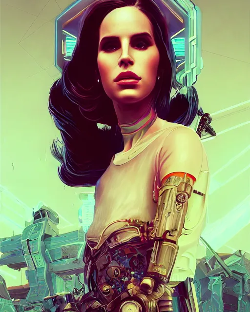 Image similar to portrait of lana del rey as a cyberpunk cyborg. roses, sci - fi, missing panels, intricate abstract, upper body, intricate artwork, by tooth wu, wlop, beeple, dan mumford. concept art, 8 k octane render, deviantart, greg rutkowski, cinematic, key art, hyperrealism, iridescent accents