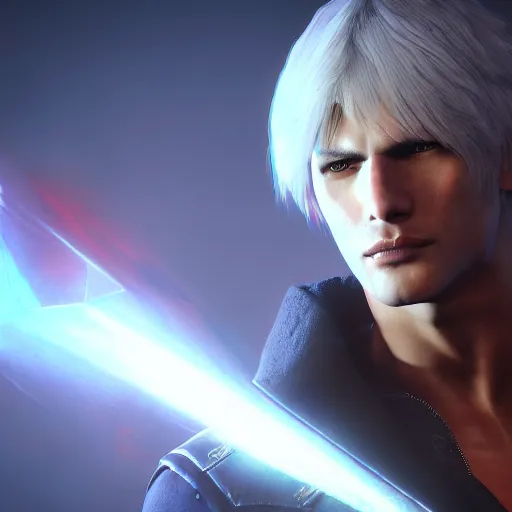 KREA - portrait of dante from devil may cry 4, medium length hair,  realistic, high quality, unreal engine, highly detailed face, sharp focus,  depth of field, ambient lighting, ray tracing, 8k, hdr