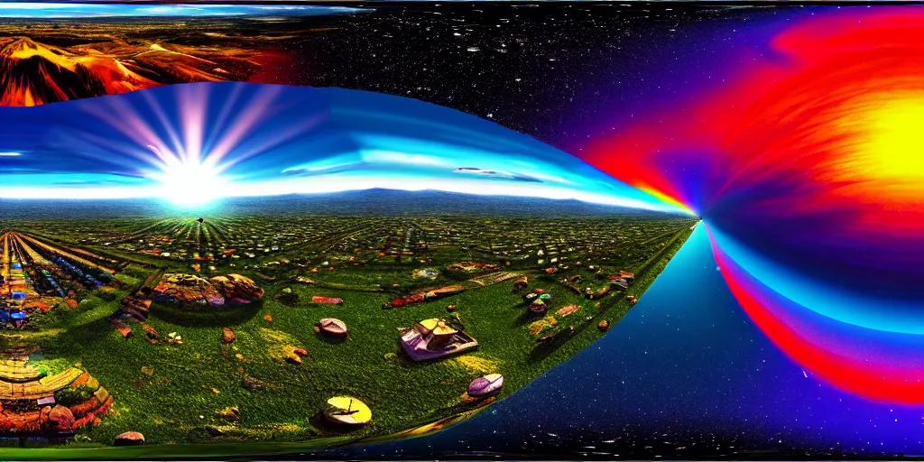 Prompt: equirectangular panorama landscape multiverse, trending on artstation, cinematic composition, beautiful lighting, hyper detailed, 8 k, oil on canvas