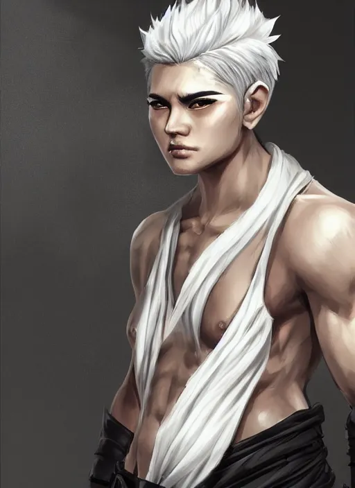 Image similar to a highly detailed illustration of fierce short white haired parted through the middle young attractive asian man, wearing hakama, with black sclera eyes, heroically posing, muscular, intricate, elegant, highly detailed, centered, digital painting, artstation, concept art, smooth, sharp focus, league of legends concept art, WLOP