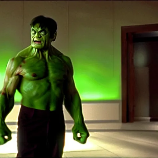 Image similar to mr. bean as hulk in the avengers movie. movie still. cinematic lighting.