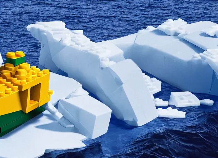 Prompt: a high-definition photograph of a large Lego Titatic hitting an iceberg