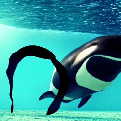 Image similar to ryan gosling in swimming trunks and cyberpunk style goggles rides a killer whale in a vulcano