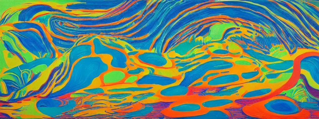 Image similar to Psychedelic sci-fi dreamworld. Landscape painting. Organic. Winding rushing water. Waves. Clouds. Wayne Thiebaud. David Hockney.