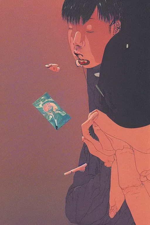 Image similar to a scifi closeup portrait of a young japanese man licking a blotter paper of LSD acid on his tongue and dreaming psychedelic hallucinations in cosmos, by kawase hasui, moebius, Edward Hopper and James Gilleard, Zdzislaw Beksinski, Steven Outram colorful flat surreal design, hd, 8k, artstation