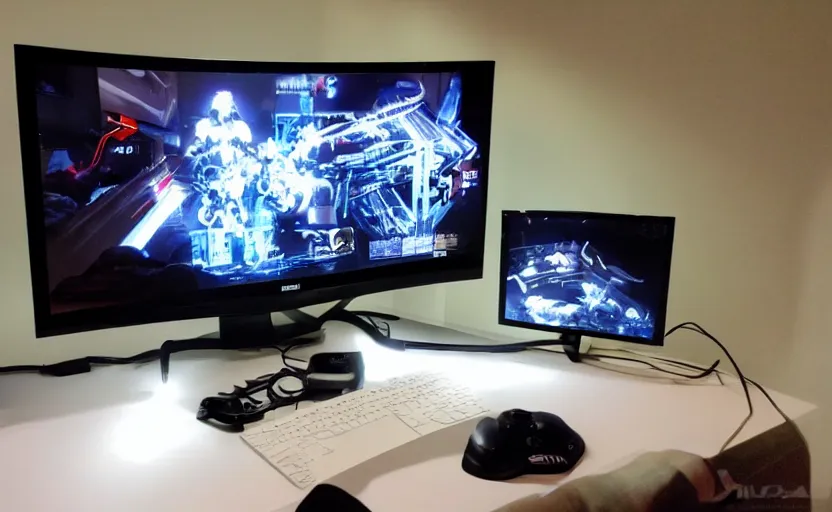 Image similar to futuristic gaming setup with white lighting, hd photograph, highly detailed, intricate, sharp focus