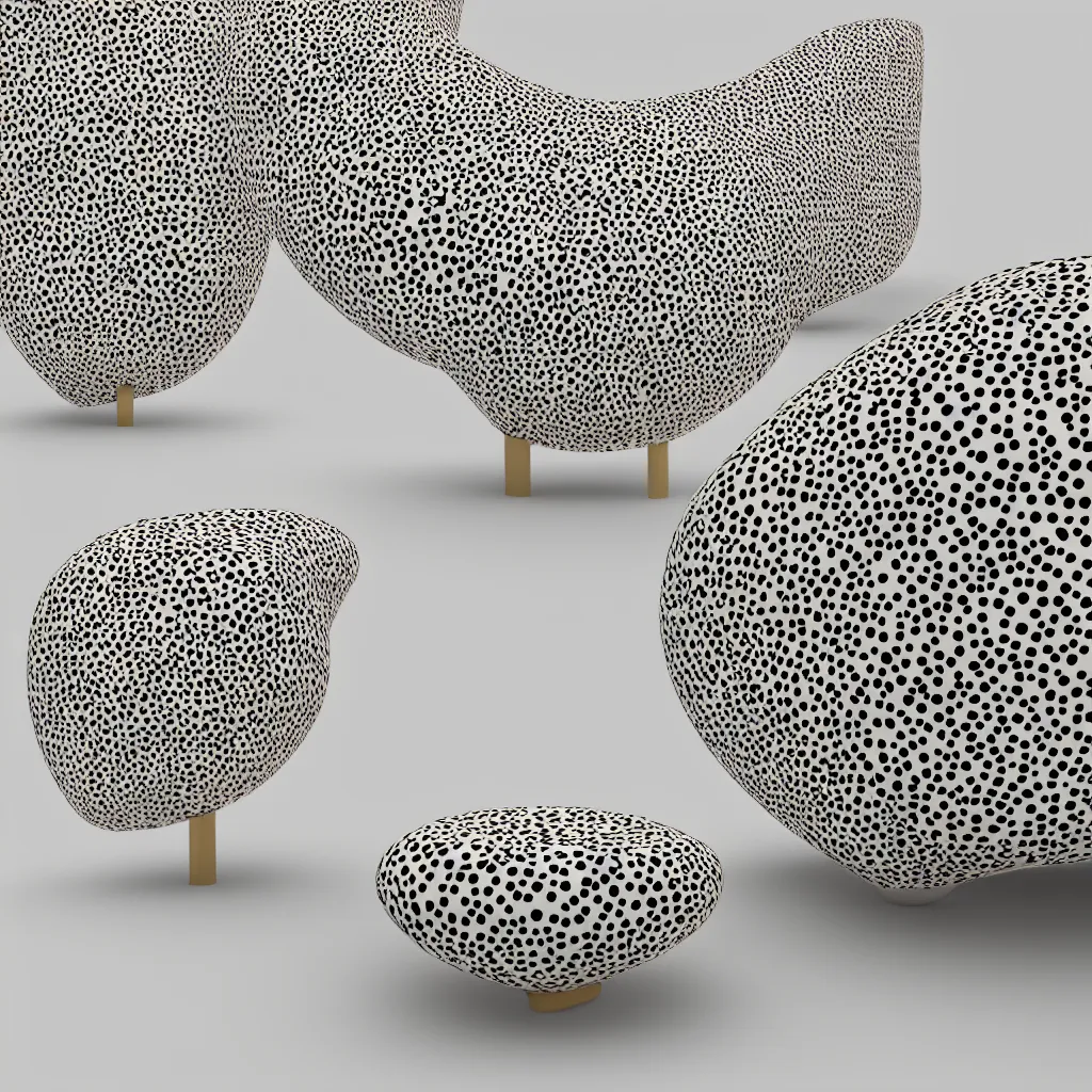 Image similar to furniture objects inspired by Yayoi Kusama exhibition on a white background, maximum natural texture, warm illumination, cinematic alien futuristic atmosphere, in low fog, magical digital, 8k resolution, golden ratio, best color graded, vray beautiful, ambient occlusion, subsurface scatter, radiosity, hyper-realistic render
