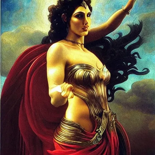 Image similar to Head and shoulders masterpiece oil painting of the beautiful goddess Gal Gadot as hera, she is wearing roman clothes and a surreal jewelry, her hair is natural disheveled, she is approaching heaven over the clouds, naturalism, dramatic lighting, high-detailed oil painting by Ilya Repin, Michelangelo da Caravaggio, William Blake, Alex Grey and Beksinski, trending on Artsation, hystorical painting, naturalism, masterpiece, 4k, 8k,