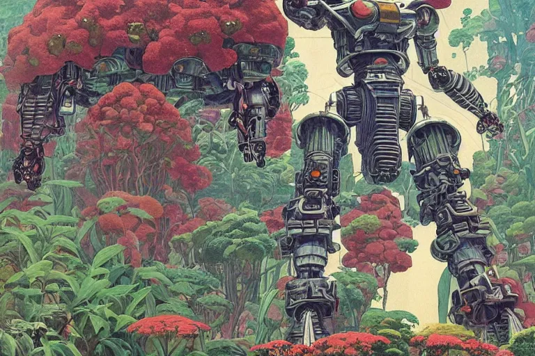 Image similar to gigantic man head, a lot of exotic vegetation around, trees, tremendous mecha robot, flowers, risograph!, oldschool vintage sci - fi flat surreal design, super - detailed, painting by moebius and satoshi kon and jodorowski and katsuhiro otomo