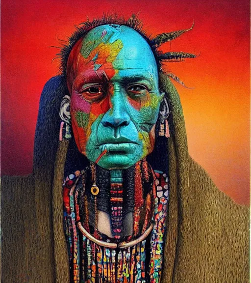 Image similar to Portrait painting in a style of Beksinski mixed with Alex Grey of an old shaman dressed in a colorful traditional clothes.