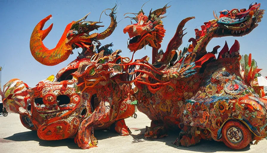 Prompt: papier-mâché art cars of Burning Man looking like dragons and fish, Kodachrome, photorealistic,