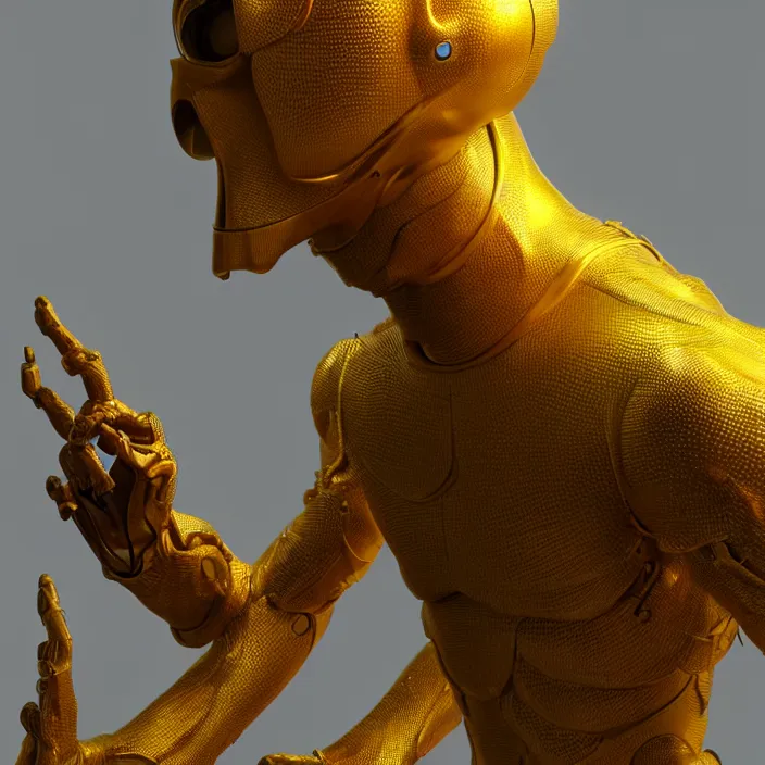 Image similar to a character in a scenic environment by wayne barlowe, futuristic, dreamy hazy, golden biological suit, highly detailed, 3 d render, vray, octane, realistic lighting