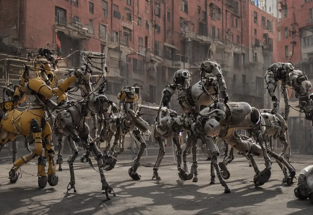 Image similar to accidentally wes anderson award - winning photograph of boston dynamics robots fighting with bureaucrats in suits in city ruins, epic battlescene, 4 k, detailed, art by greg rutkowsky, trending on artstation, cinematic lighting, filmic grain, golden hour, detailed, 4 k