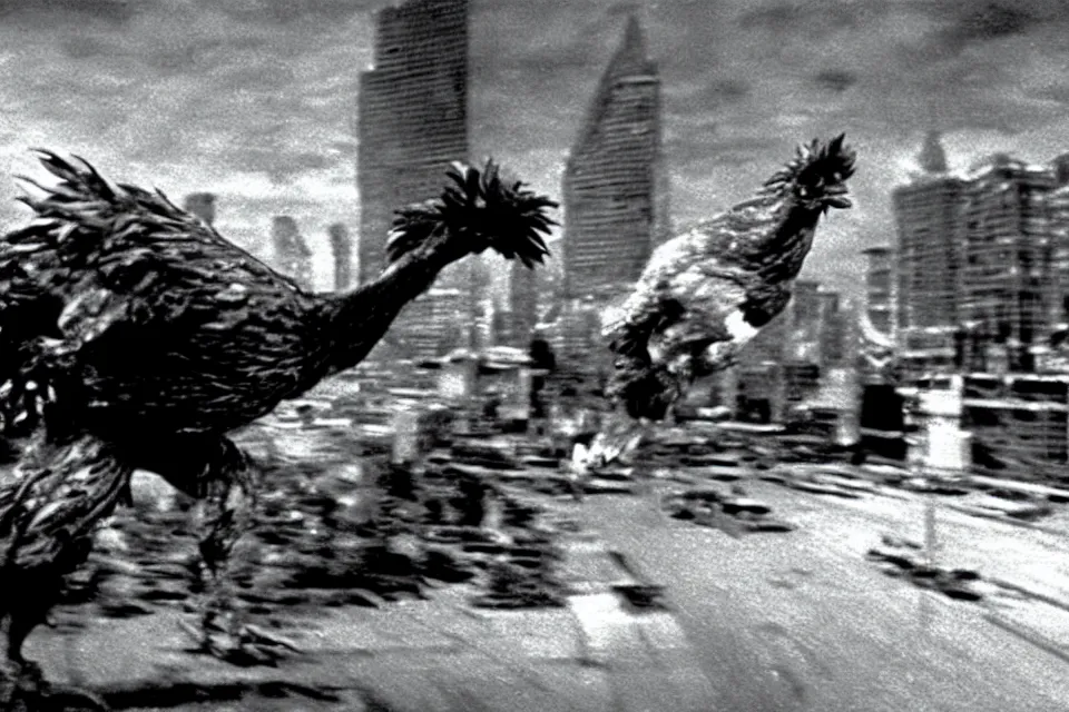 Image similar to still image taken from sci fi horror movie of a giant chicken and monster attacking a city. low camera angle. 1 9 6 0.