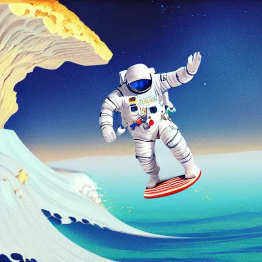 Image similar to a beautiful digital painting of an astronaut in a white and royal blue luxurious space suit surfing the great wave of Kanagawa on a chic surfboard at Pamukkale, thermal waters flowing down gold travertine terraces by greg rutkowski, antelope canyon walls protruding, award winning photo, trending on artstation, highly detailed, unreal engine, octane render