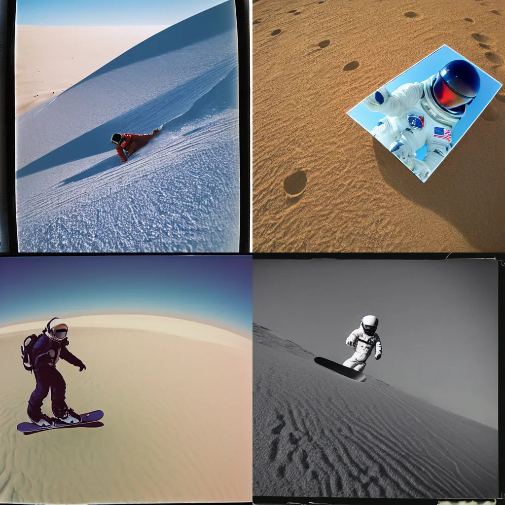 Prompt: A long shot of An astronaut snowboarding on Marsian sand dunes, with wide angle lens, 15 mm, Polaroid