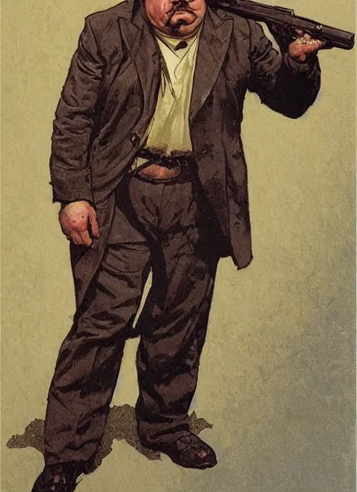 Prompt: gk chesterton as a hero with muscles and a shotgun. portrait by james gurney and craig mullins and alphonso mucha. realistic face. expressive face.