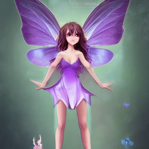 Image similar to very very very beautiful tiny fairy woman in her 20s with fairy wings wearing skintight purple dress, making eye contact, smiling, flirty, perfect body, perfect face, drawn by WLOP