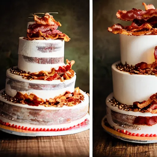 Image similar to a wedding cake made of bacon, hd professional food photography