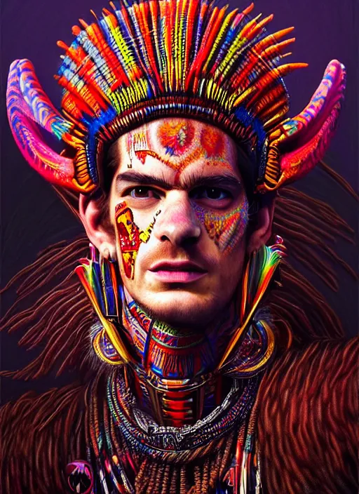 Image similar to portrait of andrew garfield, hyper detailed ultra sharp aztec shaman warrior. trending on artstation, warpaint aesthetic, bloodwave, colorful, psychedelic, ornate, intricate, digital painting, concept art, smooth, sharp focus, illustration, art by artgerm and greg rutkowski and h. r. giger, 8 k