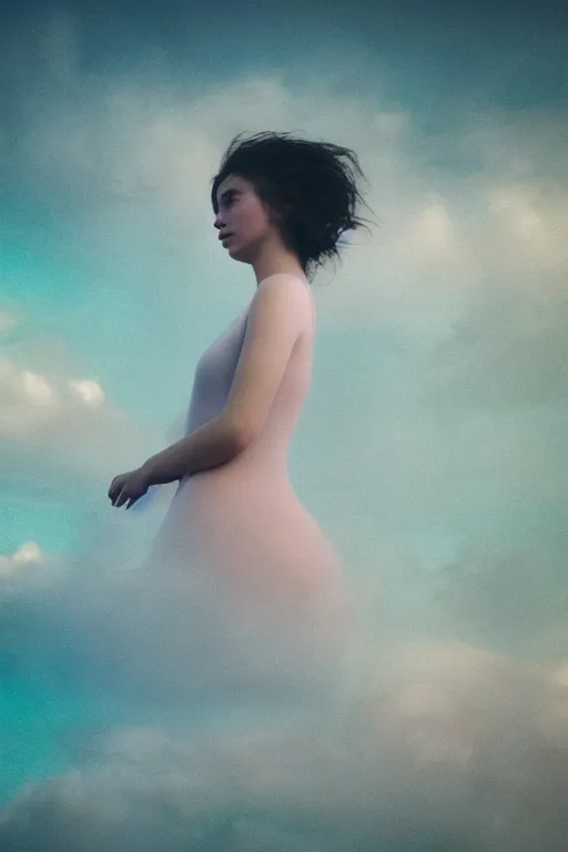 Image similar to high quality pastel coloured film close up wide angle photograph of a model wearing clothing swimming on cloud furniture in a icelandic black rock!! environment in a partially haze filled dreamstate world. three point light, rainbow. photographic production. art directed. pastel colours. volumetric clouds. pastel gradient overlay. waves glitch artefacts. extreme facial clarity. 8 k. filmic.