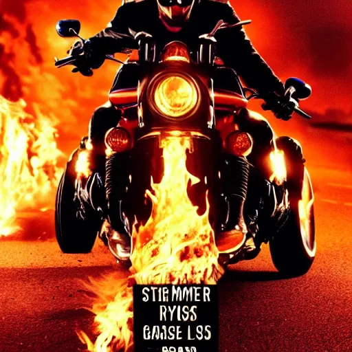 Prompt: An epic movie poster of Ryan Gosling playing Ghost Rider, with Ryan Gosling sitting on a motorcycle with flames and chains on a desert road fire balls. Sharp. HD. 4K. 8K