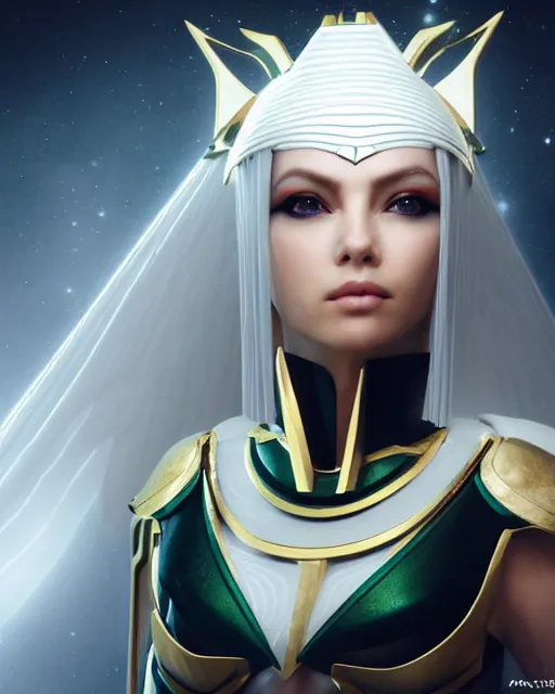 Image similar to perfect white haired attractive egyptian goddess, warframe armor, pharaoh headdress, beautiful, symmetric, dreamy, half asian, pretty face, green eyes, charlize theron, detailed, scifi platform, laboratory, experiment, 4 k, ultra realistic, epic lighting, android body, illuminated, cinematic, masterpiece, art by akihito tsukushi, voidstar