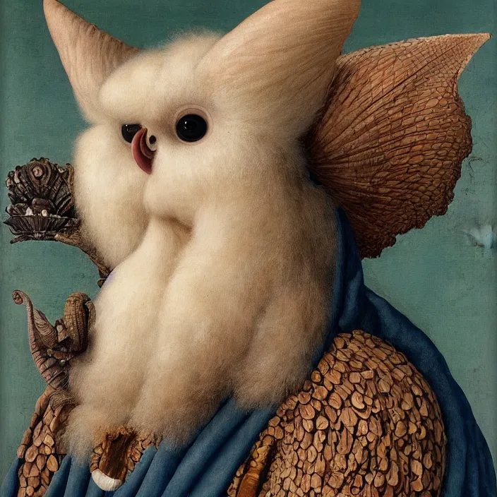 Prompt: close up portrait of a mutant monster creature with white fluffy moth pouf, exotic lily ears, delicate blue sea shell conch corns, snout. by jan van eyck, walton ford