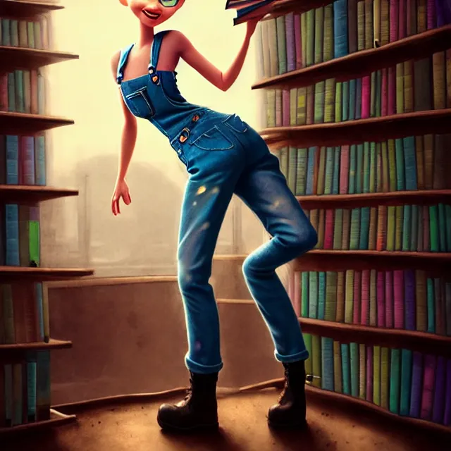 Prompt: full body pose, beautiful adult library fairy, short white hair shaved sides, pixar, dirty, grungy, grunge, painted overalls, stacks of giant books, highly detailed, 4 k, hdr, smooth, sharp focus, high resolution, award - winning photo, artgerm, photorealistic