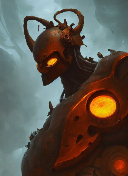 Image similar to a highly detailed illustration of worn down colossal bronze giant, with TWO big orange glowing iron giant eyes, gentle calm doting pose, intricate, elegant, highly detailed, centered, digital painting, artstation, concept art, smooth, sharp focus, league of legends concept art, WLOP