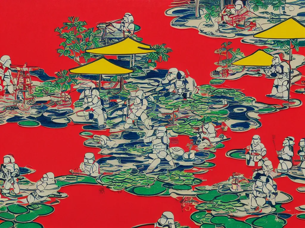 Image similar to close - up image of a japanese red house with a pond, with stormtroopers sitting around it, a combination of pop - art and traditional japanese painting styles, the style of andy warhol, roy lichtenstein and jackie tsai, bright palette, acrylic on canvas