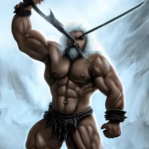 Image similar to a body builder barbarian from diablo, artstation hall of fame gallery, editors choice, #1 digital painting of all time, most beautiful image ever created, emotionally evocative, greatest art ever made, lifetime achievement magnum opus masterpiece, the most amazing breathtaking image with the deepest message ever painted, a thing of beauty beyond imagination or words, 4k, highly detailed, cinematic lighting