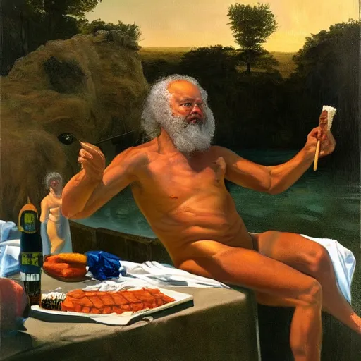 Image similar to An eric Fischl painting of Socrates eating a translucent hemlock popsicle at the last pool party bbq he will ever attend, i cloud of fire