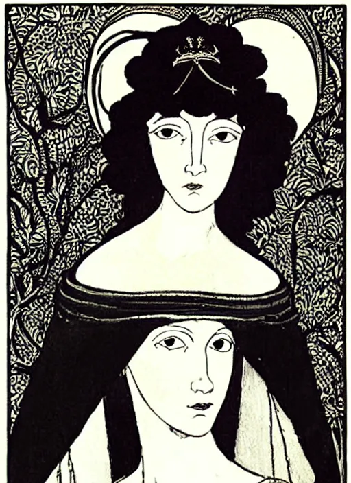 Image similar to portrait of young woman in renaissance dress and renaissance headdress, art by aubrey beardsley