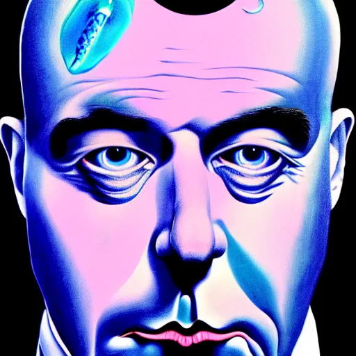 Image similar to An extremely psychedelic portrait of Rene Magritte, surreal, LSD, face, detailed, intricate, elegant, lithe, highly detailed, digital painting, artstation, concept art, smooth, sharp focus, illustration