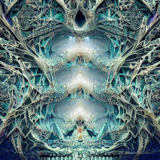 Image similar to a beautiful stone carving of an intricate psychedelic cathedral populated by mandelbrot fractals by android jones, carved soap, unreal engine, volumetric lighting, dynamic lighting, bright, dramatic lighting, high contrast, neon glow, carved marble, opalescent, sacred geometry, religious, angelic, catholicpunk, stark, trending on artstation