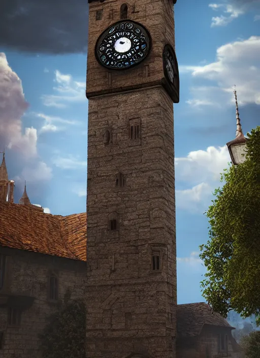 Image similar to tall stone clock tower flying in the sky above a medieval town, abstract, fantasy, blue sky, hyperdetailed, artstation, godrays, cinematic lighting, digital art, 8 k