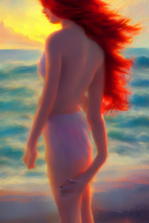 Image similar to a red haired young girl beach surreal, sunrise, dramatic light, impressionist painting, colorful clouds, digital painting, artstation, vittorio matteo corcos